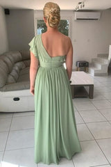 One-Shoulder Dusty Sage Ruffles A-Line Long Bridesmaid Dress