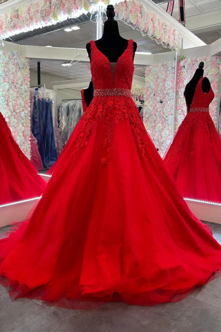 Red Plunge V Appliques Open Back Long Prom Dress