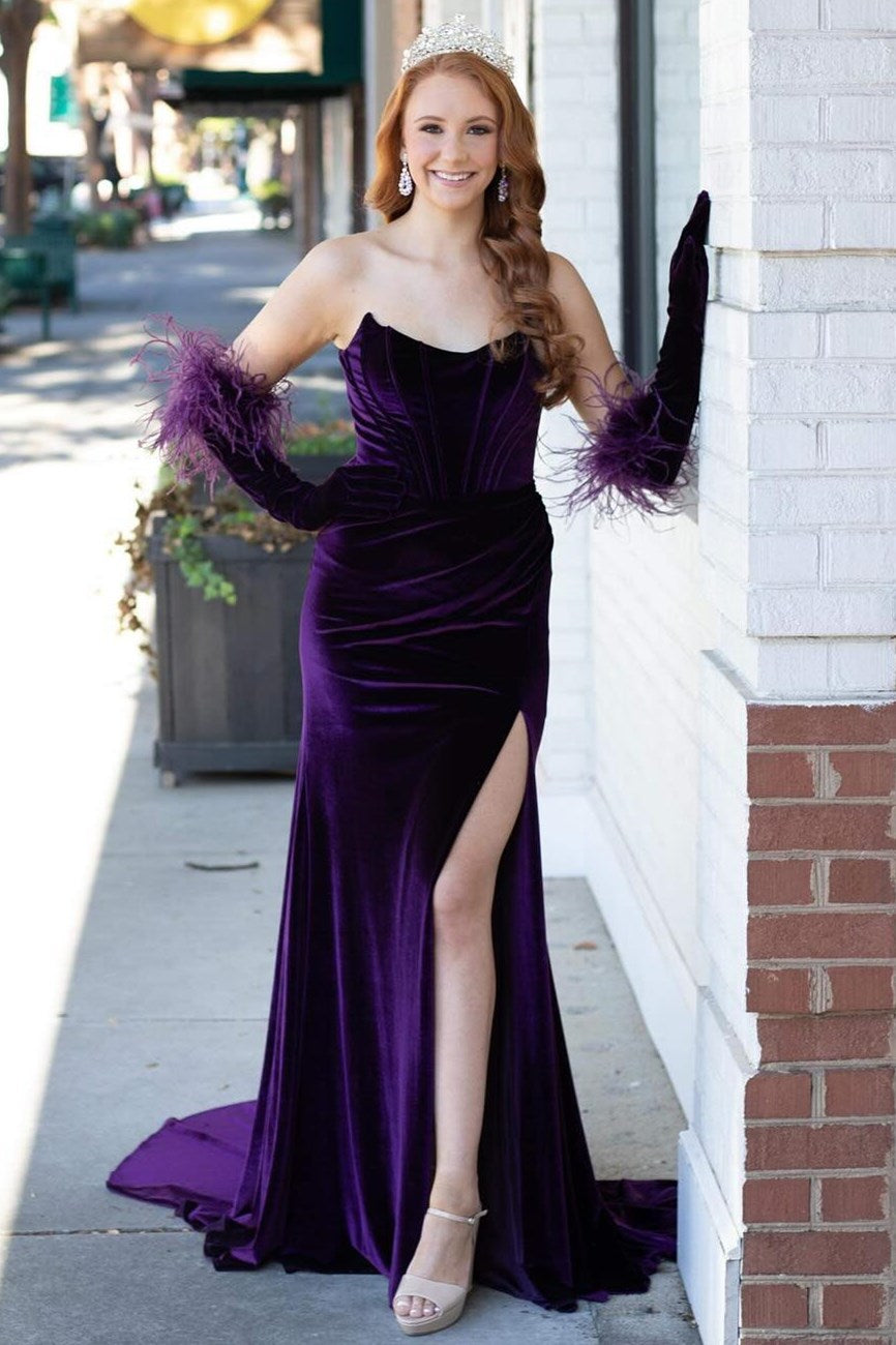 Purple Velvet Strapless Mermaid Long Formal Dress with Slit – Shedestiny