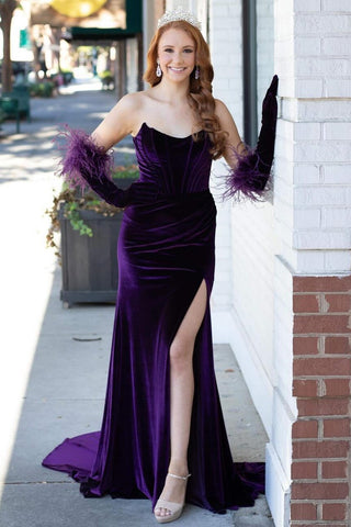 Purple Velvet Strapless Mermaid Long Formal Dress with Slit