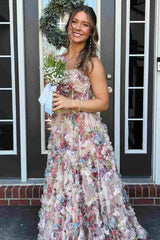 Pleated Floral Print Strapless A-Line Tulle Prom Dress