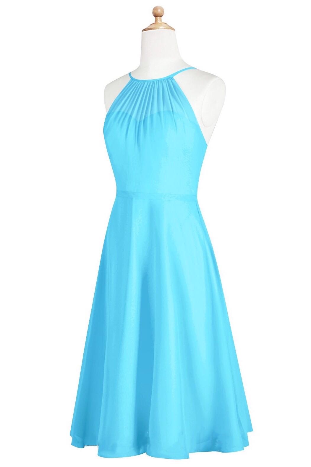 Pool Blue Halter Straps Chiffon Mini Bridesmaid Dress