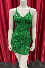 Green Sequin Spaghetti Strap Tight Short Party Dress