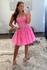 Hot Pink Appliques Strapless A-Line Short Homecoming Dress