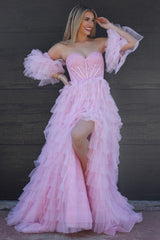 Pink Sweetheart Ruffle Tiered Long Gown with Detachable Sleeves