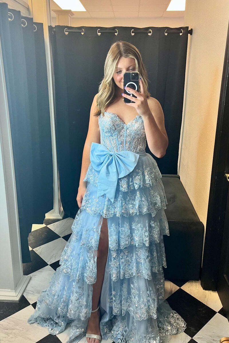 Light Blue Sequins Tiered Ruffles Sweetheart Slit Long Prom Dress with Bow