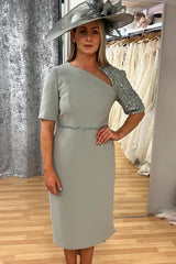 Asymmetrical Gray Half Sleeve High Low Mother of the Bride Dress