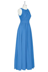 Blue Jay Jewel Pleated Sleeveless Chiffon Long Bridesmaid Dress