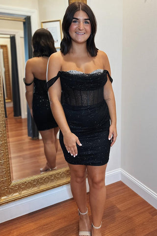 Black Tulle Sequin Off-the-Shoulder Short Dress with Crystals