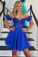 Aqua Blue Sweetheart Lace-Up A-Line Short Dress with Puff Sleeves