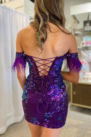 Purple Sequin Feather Off-the-Shoulder Cocktail Dress