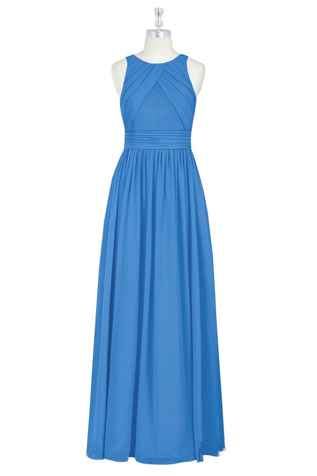 Blue Jay Jewel Pleated Sleeveless Chiffon Long Bridesmaid Dress