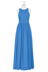 Blue Jay Jewel Pleated Sleeveless Chiffon Long Bridesmaid Dress