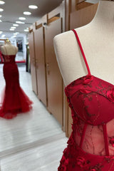 Red 3D Floral Lace Sweetheart Trumpet Long Prom Dress