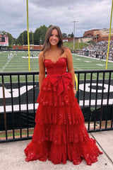 Red Sequins Tiered Ruffles Sweetheart Slit Long Prom Dress with Bow