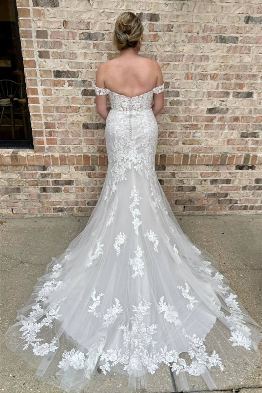 White Off-the-Shoulder Mermaid Appliques Tulle Long Wedding Dress