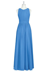 Blue Jay Jewel Pleated Sleeveless Chiffon Long Bridesmaid Dress