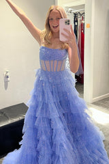 Gold Tulle Sequin Strapless Ruffle Tiered Long Prom Dress