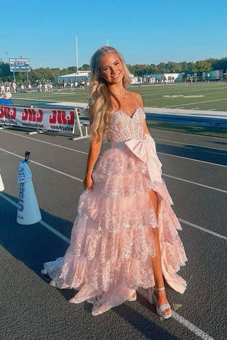 Pink Sequins Tiered Ruffles Sweetheart Slit Long Prom Dress with Bow