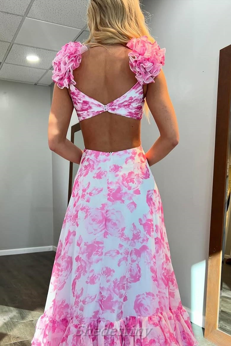 Pink Floral Print V-Neck A-Line Slit Ruched Prom Dress with Side Cutout
