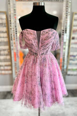 Pink Beaded Off the Shoulder Homecoming Dress