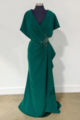 Emerald Green Beaded V-Neck Ruffle Mother's Gown