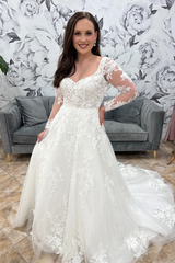 White A-line Illusion Sleeves Appliques Tulle Long Wedding Dress