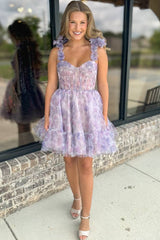 Lilac Sweetheart A-Line Party Dress with Flower Print