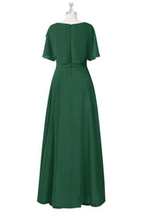 Dark Green Cascading Ruffle Flaunt Sleeves Chiffon Long Bridesmaid Dress