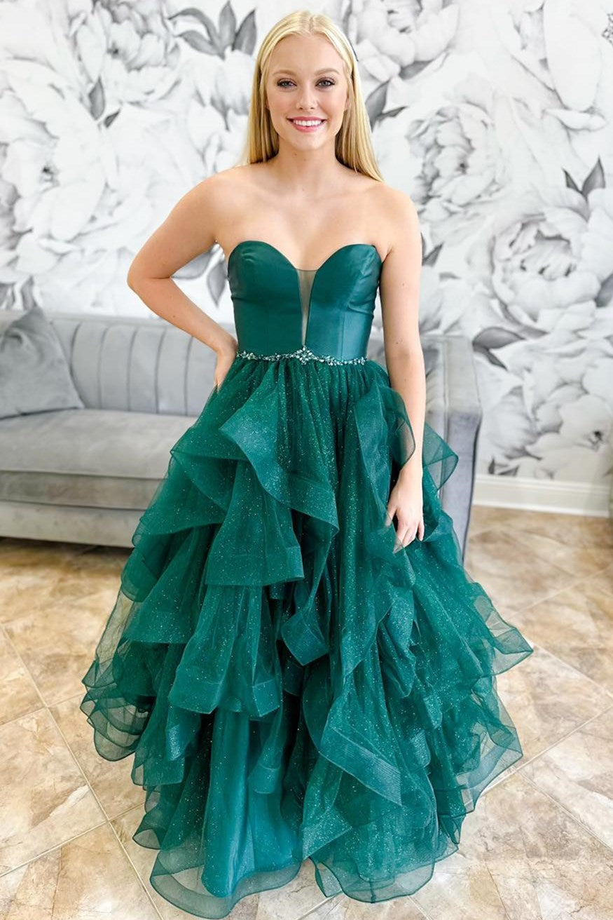 Hunter Green Strapless Lace-Up Ruffle Multi-Layer Long Dress – Shedestiny
