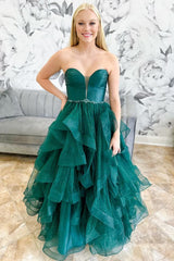 Hunter Green Strapless Lace-Up Ruffle Multi-Layer Long Dress