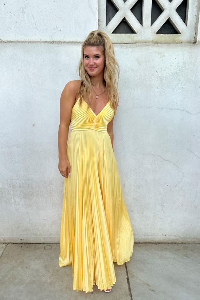 Yellow Pleated Cross Straps A-Line Long Formal Dress