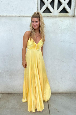 Yellow Pleated Cross Straps A-Line Long Formal Dress