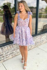 Lilac Sweetheart A-Line Party Dress with Flower Print