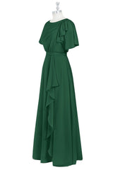 Dark Green Cascading Ruffle Flaunt Sleeves Chiffon Long Bridesmaid Dress