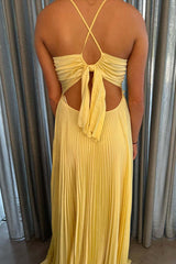 Yellow bow Pleated Cross Straps A-Line Long Formal Dress