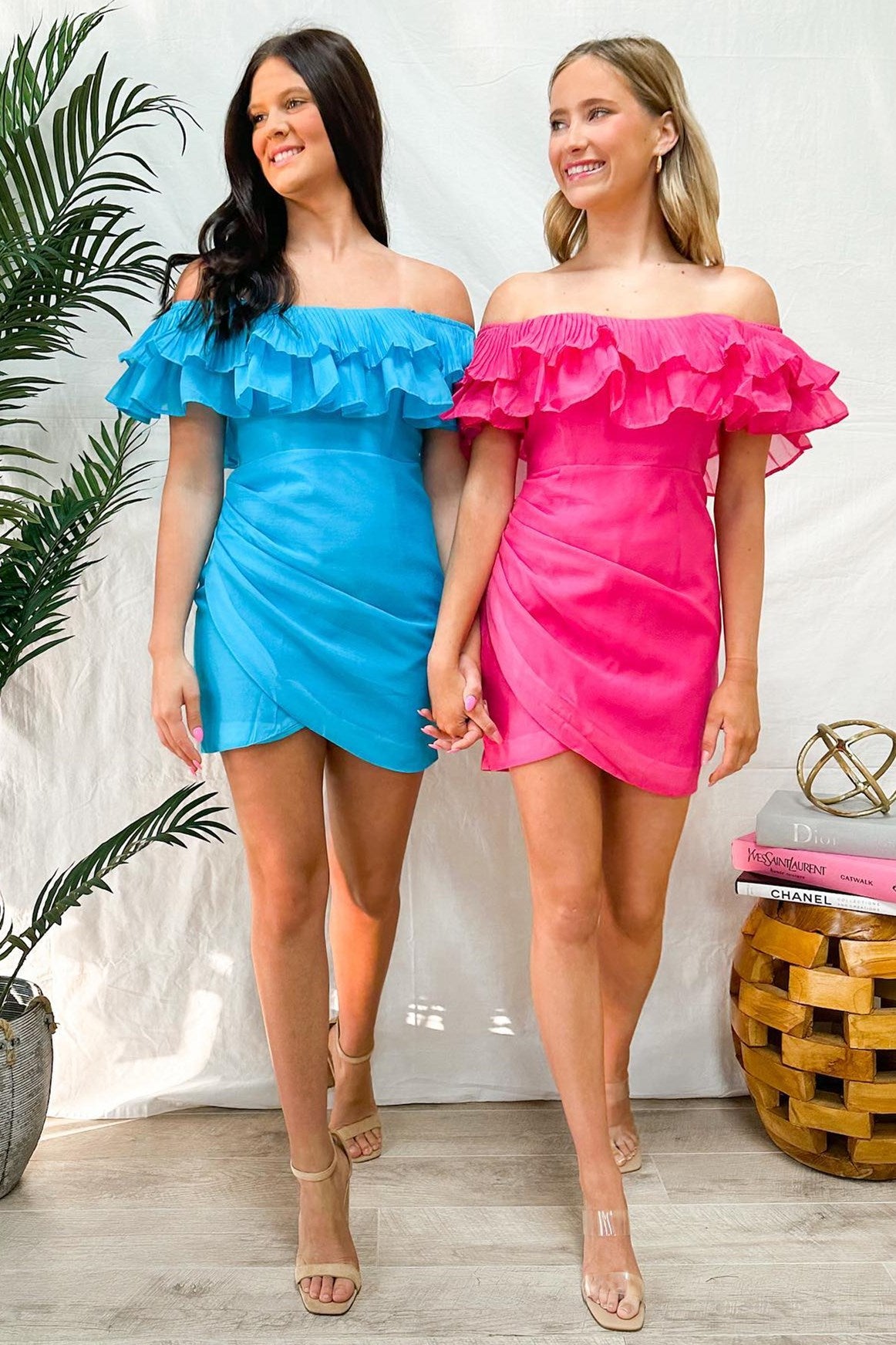 Hot Pink Off-the-Shoulder Ruffle Wrap Graduation Dress