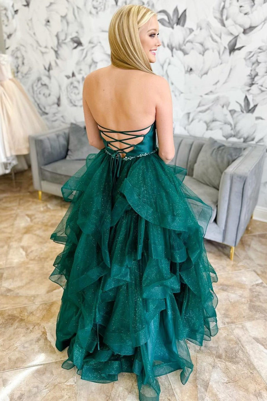 Hunter Green Strapless Lace-Up Ruffle Multi-Layer Long Dress