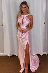 Backless Sexy Satin Pink Keyhole Mermaid Long Prom Dress