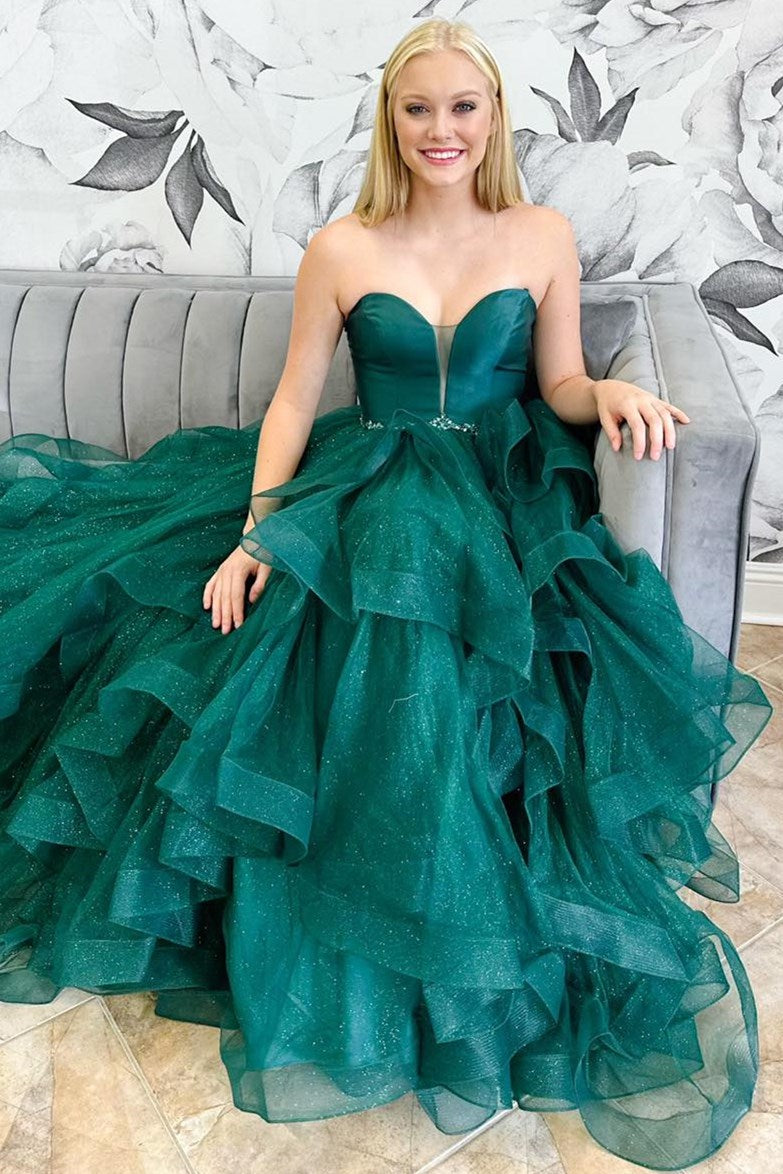 Hunter Green Strapless Lace-Up Ruffle Multi-Layer Long Dress