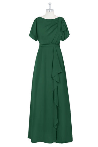 Dark Green Cascading Ruffle Flaunt Sleeves Chiffon Long Bridesmaid Dress