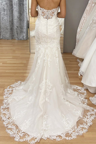White Floral Lace Strapless Mermaid Long Wedding Dress