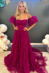 Magenta Tulle Strapless Ruffle Long Prom Dress with Puff Sleeves