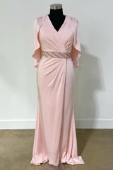 Light Pink Cape Ruched V-Neck Bustier Mother's Gown with Beaded Belt