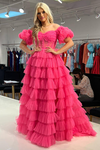 Fuchsia Off-the-Shoulder Ruffle Long Gown with Puff Sleeves