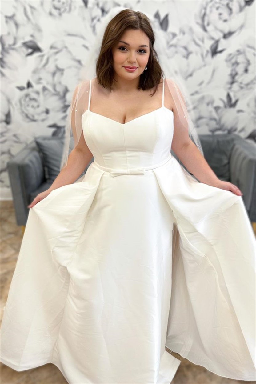 White A-line Satin Straps Long Wedding Dress with Slit