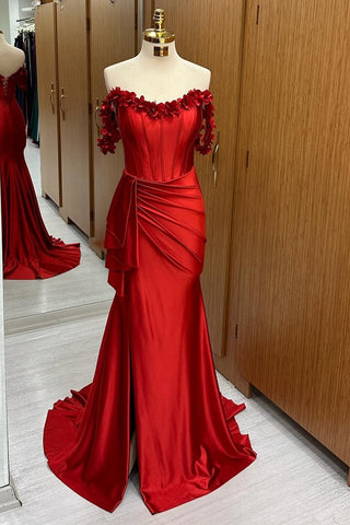 Red Off-the-Shoulder 3D Floral Lace Mermaid Long Formal Dress
