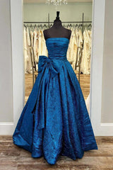 Peacock Strapless A-Line Long Prom Gown with Side Bow