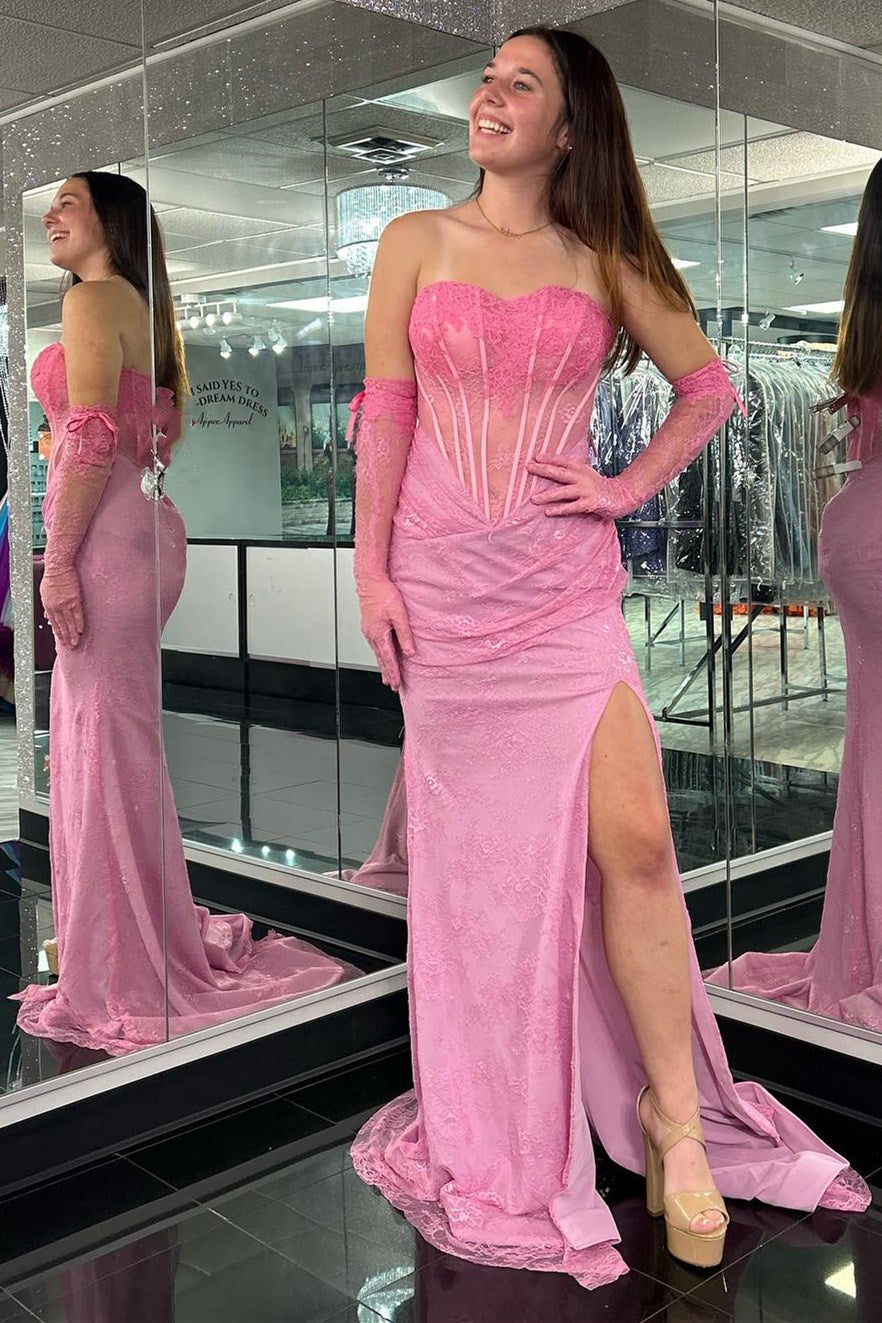 Pink Lace Sweetheart Sheer Bodice Mermaid Long Dress with Slit