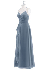 Grey Halter Straps Pleated Cascading Ruffle Chiffon Long Bridesmaid Dress